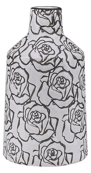 Váza na kvety biela a čierna kameninová 26 cm s motívom ruží popraskaný efekt vodoodolný dizajn