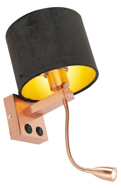 Moderná nástenná lampa medená s čiernym zamatovým tienidlom - Brescia