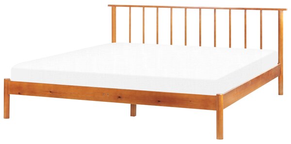 Posteľ svetlé borovicové drevo 180 x 200 cm dvojlôžko s lamelovým čelom a roštom minimalistický rustikálny štýl