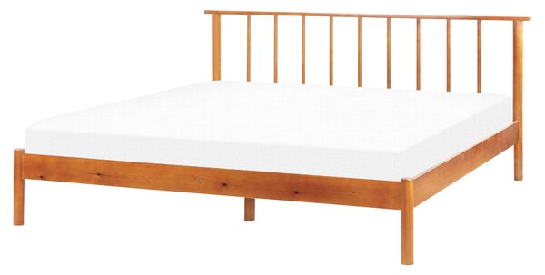 Posteľ svetlé borovicové drevo 160 x 200 cm dvojlôžko s lamelovým čelom a roštom minimalistický rustikálny štýl