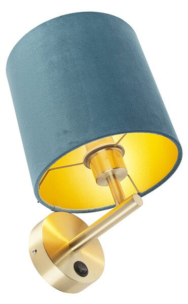 Elegantná nástenná lampa zlatá s modrým zamatovým tienidlom - Matt