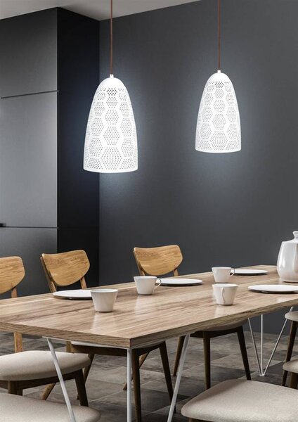 Biely závesný luster Bene pre žiarovku E27 s tienidlom v tvare kužeľa dĺžky 330mm – LED lustre a svietidlá > Kolekcie svietidiel >