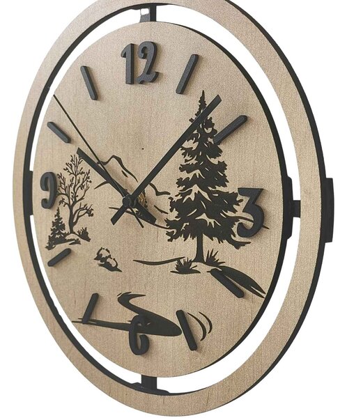 Nástenné hodiny Lesná krajina gravírované | PUPOU: HDF - Javor 30 cm 4795-115320 HDF0607-čiene-ruky
