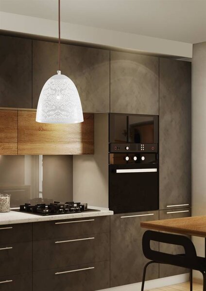 Biely závesný luster Bene pre žiarovku E27 s tienidlom v tvare kužeľa dĺžky 210mm – LED lustre a svietidlá > Kolekcie svietidiel >