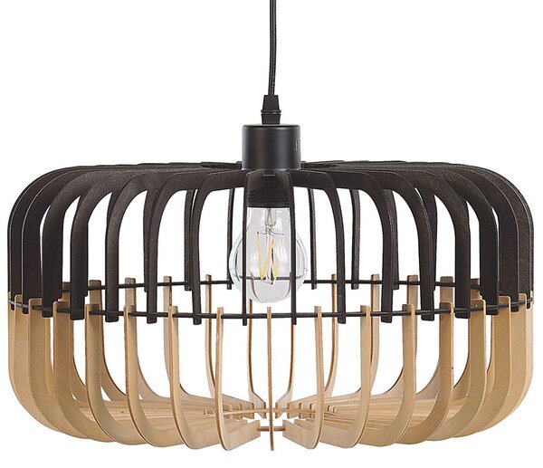 Závesná lampa čierna svetlé drevo preglejka geometrické otvorené tienidlo moderný škandinávsky štýl kuchyňa jedáleň