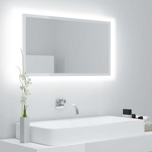 Kúpeľňové zrkadlo s LED, lesklé biele 80x8,5x37cm, akryl