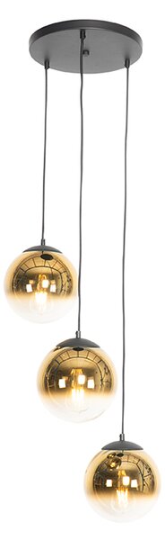 Art Deco závesné svietidlo čierne so zlatým sklom okrúhle 3-svetlo - Pallon