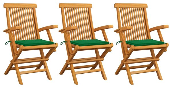 Záhradné stoličky, zelené podložky 3 ks, tíkový masív