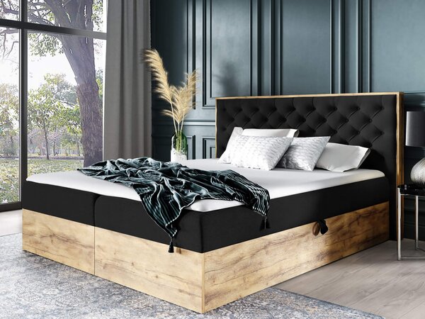 Wilsondo Čalúnená boxspring manželská posteľ WOOD 3 s úložným priestorom - čierna Kronos Rozmer: 160x200