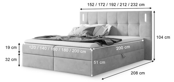 Wilsondo Čalúnená boxspring manželská posteľ s vrchným matracom Dancer - sivá Rozmer: 200x200