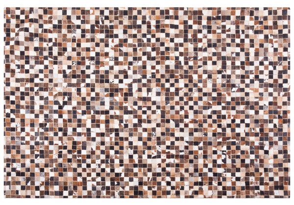 Koberec béžovo hnedá čierna hovädzia koža 160 x 230 cm krátky vlas patchwork ručne vyrábaný obdĺžnikový