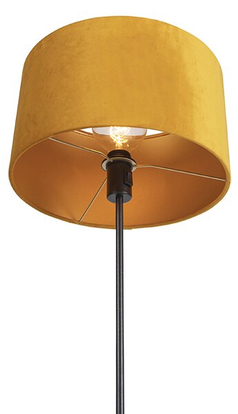 Stojaca lampa čierna s tienidlom z velúru okrovej žltej farby so zlatom 35 cm - Parte