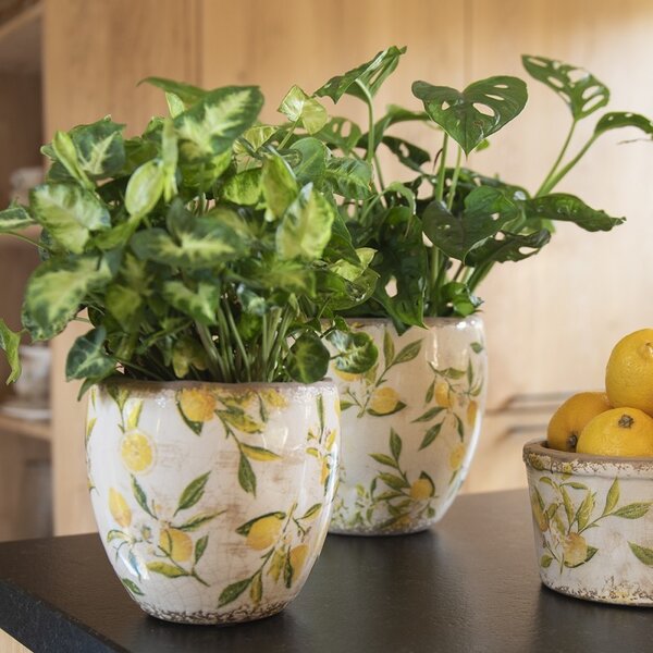 Béžový keramický obal na kvetináč s citrónmi Lemonio S - Ø14*14 cm - Clayre & Eef