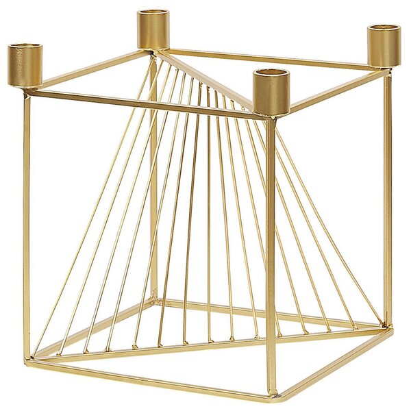 Svietnik zlatý kov 23 cm geometrický dizajn v tvare kocky na 4 sviečky moderný glamour štýl doplnky dekorácie