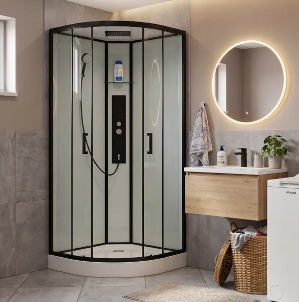 GLASS 90x90x225 Čierny Masážny sprchový box štvrťkruhový