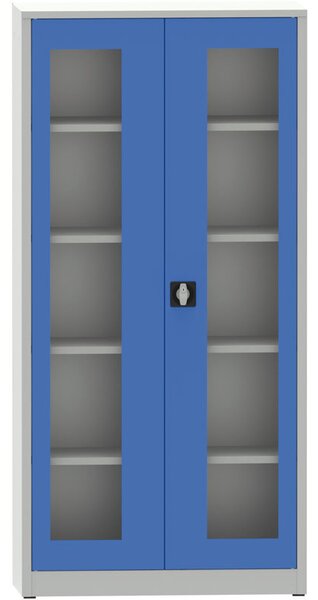 Zváraná policová skriňa s dverami s plexisklom, 1950 x 950 x 600 mm, sivá/modrá