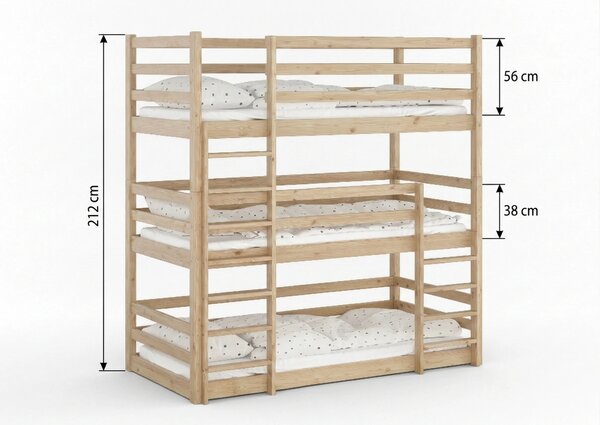 Poschodová posteľ pre 3 deti Treko 80x200 Bezfarebný lak