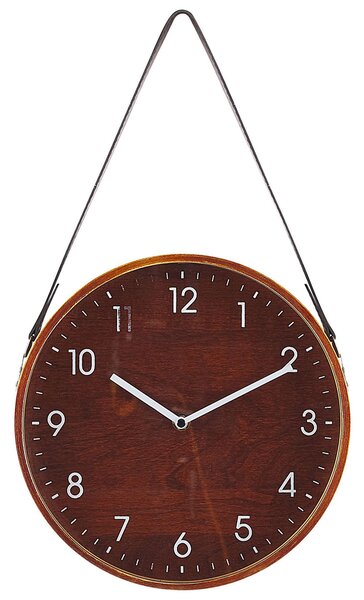 Nástenné hodiny tmavé drevo MDF sklo umelá koža ø 26 cm okrúhly tvar retro vintage štýl doplnky dekorácie