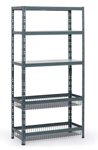 Policový regál s košmi, 1790 x 900 x 400 mm, nosnosť 175 kg, 3 police + 2 koše