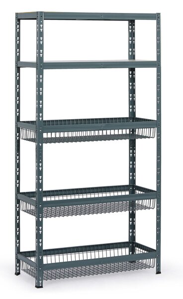 Policový regál s košmi, 1790 x 900 x 400 mm, nosnosť 175 kg, 2 police + 3 koše