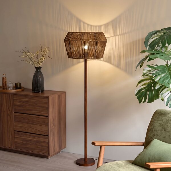 Stojacia lampa z orechového dreva s hnedým tienidlom z papierového lana 50/50/30 - Mels