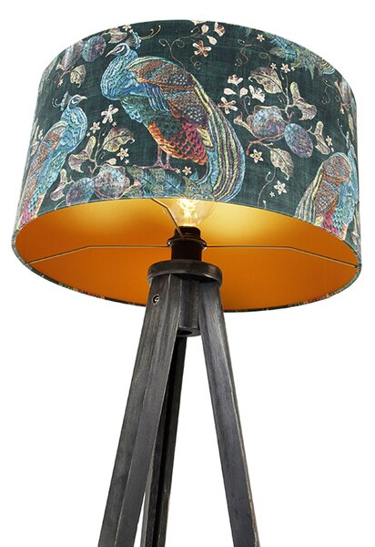 Stojaca lampa trojnožka čierna s tienidlom páv 50 cm - Tripod Classic