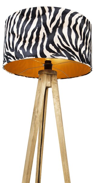 Vintage stojaca lampa drevený tienidlo zebra vzor 50 cm - Tripod Classic