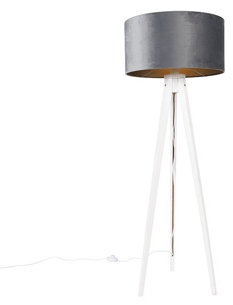 Moderná stojaca lampa statív biela so šedým velúrovým tienidlom 50 cm - Tripod Classic