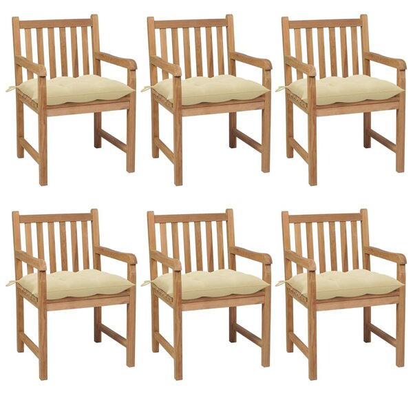 Záhradné stoličky 6 ks s krémovobielymi podložkami tíkový masív