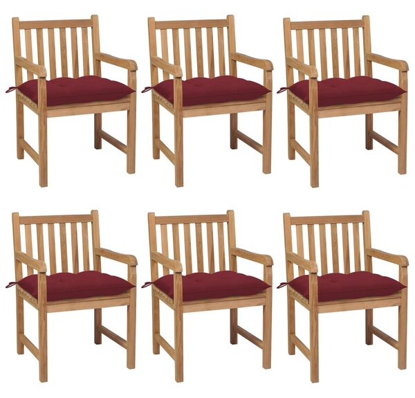 Záhradné stoličky 6ks s vínovočervenými podložkami tíkový masív