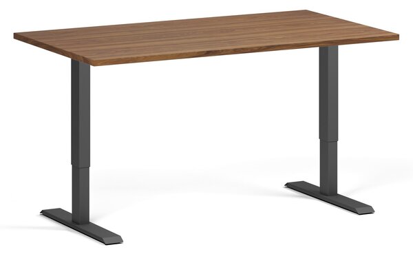 Výškovo nastaviteľný stôl, 140x80 cm, 1 motor, čierna podnož, orech