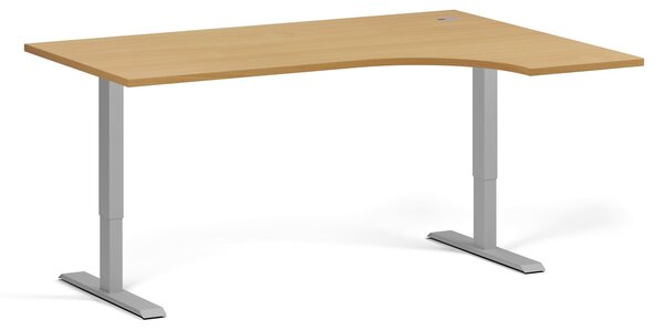 Rohový výškovo nastaviteľný stôl, 160x120 cm, 2 motory, L/P, sivá podnož, buk