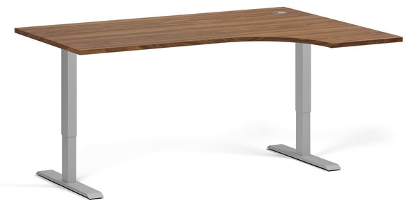 Rohový výškovo nastaviteľný stôl, 160x120 cm, 2 motory, L/P, sivá podnož, orech