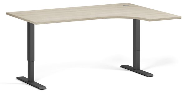 Rohový výškovo nastaviteľný stôl, 160x120 cm, 1 motor, L/P, čierna podnož, dub prírodný