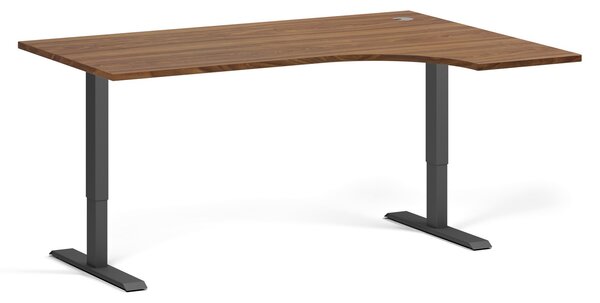 Rohový výškovo nastaviteľný stôl, 160x120 cm, 1 motor, L/P, čierna podnož, orech