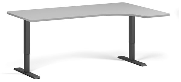 Rohový výškovo nastaviteľný stôl, 180x120 cm, 1 motor, L/P, čierna podnož, sivá