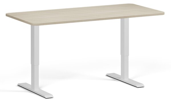 Výškovo nastaviteľný stôl, 160x80 cm, 1 motor, zaoblené rohy, sivá podnož, dub prírodný