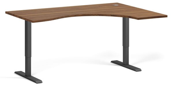 Ergonomický výškovo nastaviteľný stôl, 160x120 cm, 1 motor, L/P, čierna podnož, orech