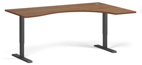 Ergonomický výškovo nastaviteľný stôl, 180x120 cm, 1 motor, L/P, čierna podnož, orech