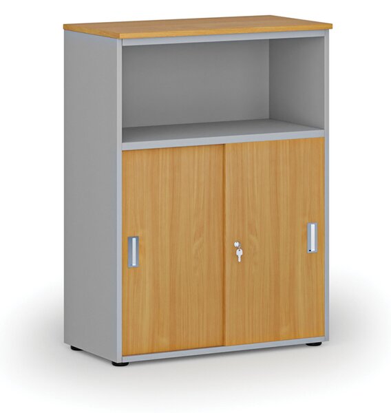 Kombinovaná kancelárska skriňa so zásuvnými dverami PRIMO GRAY, 800 x 420 x 1087 mm, sivá/buk