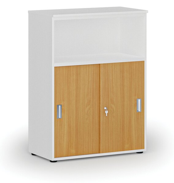 Kombinovaná kancelárska skriňa so zásuvnými dverami PRIMO WHITE, 800 x 420 x 1087 mm, biela/buk