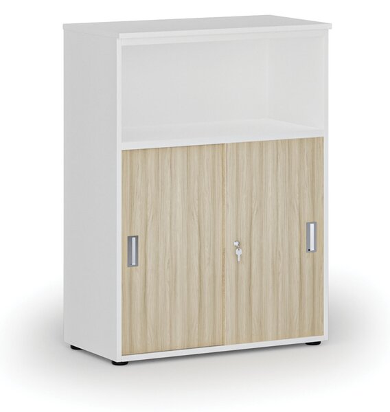 Kombinovaná kancelárska skriňa so zásuvnými dverami PRIMO WHITE, 800 x 420 x 1087 mm, biela/dub prírodná