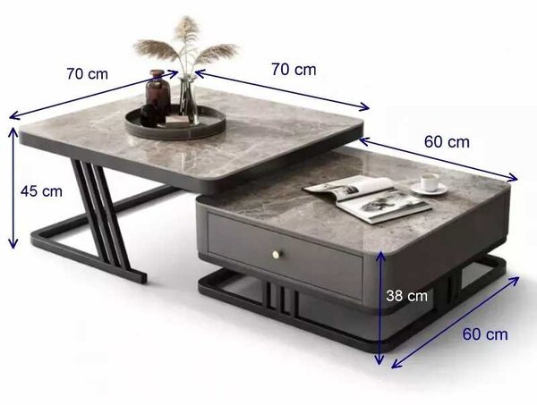 LuxuryForm DESIGN Konferenčný stolík TITAN 70 × 70 / 60 × 60 cm – sivý, sivý mramor (set 2 ks)