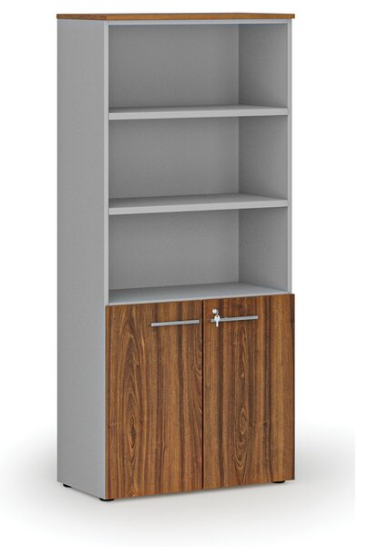 Kombinovaná kancelárska skriňa PRIMO GRAY, dvere na 2 poschodia, 800 x 420 x 1781 mm, sivá/orech