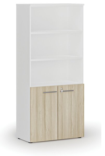Kombinovaná kancelárska skriňa PRIMO WHITE, dvere na 2 poschodia, 800 x 420 x 1781 mm, biela/dub prírodná