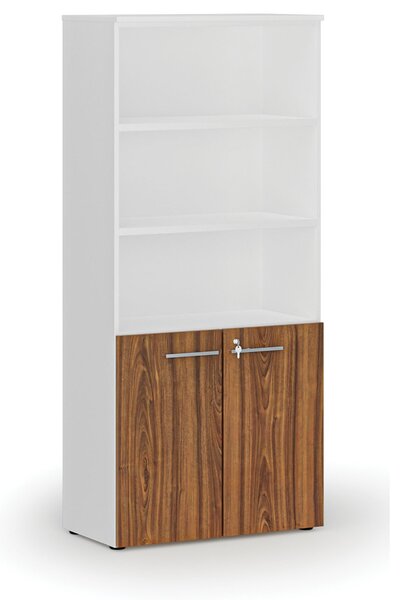 Kombinovaná kancelárska skriňa PRIMO WHITE, dvere na 2 poschodia, 800 x 420 x 1781 mm, biela/orech