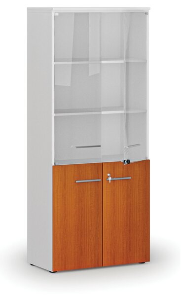 Kombinovaná kancelárska skriňa PRIMO WHITE s drevenými a sklenenými dverami, 800 x 420 x 1781 mm, biela/čerešňa