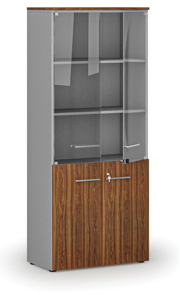 Kombinovaná kancelárska skriňa PRIMO GRAY s drevenými a sklenenými dverami, 800 x 420 x 1781 mm, sivá/orech