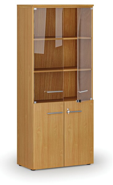 Kombinovaná kancelárska skriňa PRIMO WOOD s drevenými a sklenenými dverami, 800 x 420 x 1781 mm, buk