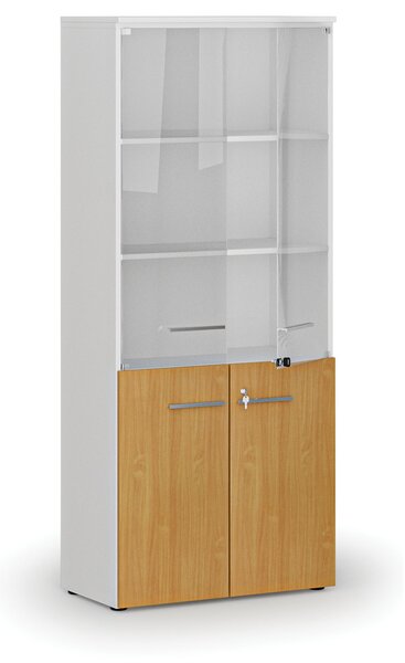 Kombinovaná kancelárska skriňa PRIMO WHITE s drevenými a sklenenými dverami, 800 x 420 x 1781 mm, biela/buk